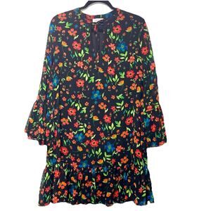 Calvin Klein Black Floral Chiffon Long Sleeve Flutter Hem Dress, Size 12, EUC